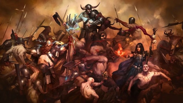 All five classes battling a horde of enemies in Diablo 4