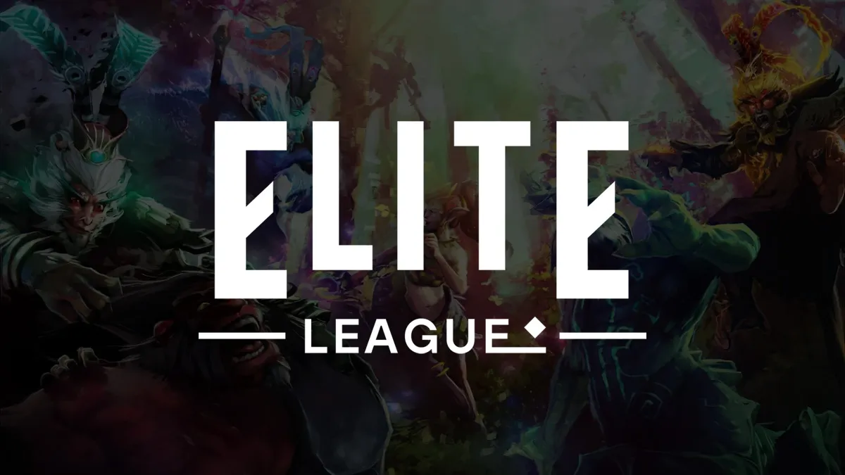 The Elite League logo transposed on a background of Dota 2 heroes.