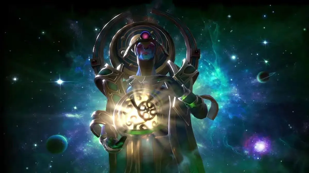 Oracle holds a glowing orb among the stars in Dota 2.