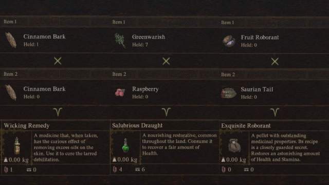 Three recipes in Dragon's Dogma 2 side by side.