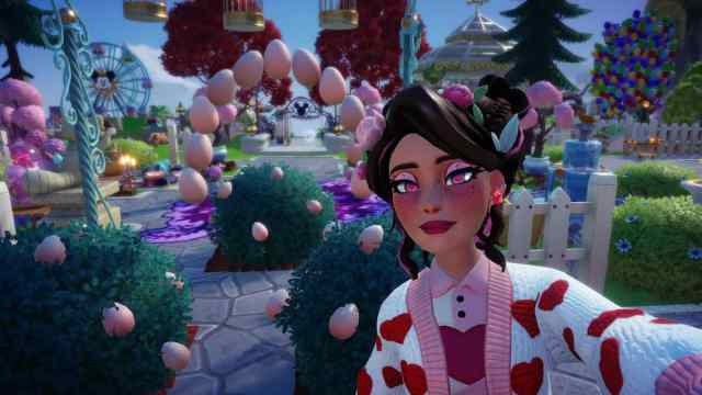 The player posing with some Easter Eggs in Disney Dreamlight Valley.