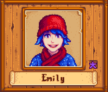 Emily in Winter in Stardew Valley.
