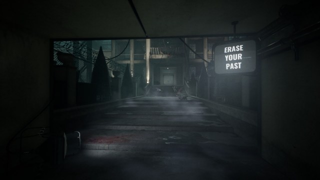 The player standing outside a mansion where a screen says "erase your past" in The Outlast Trials.