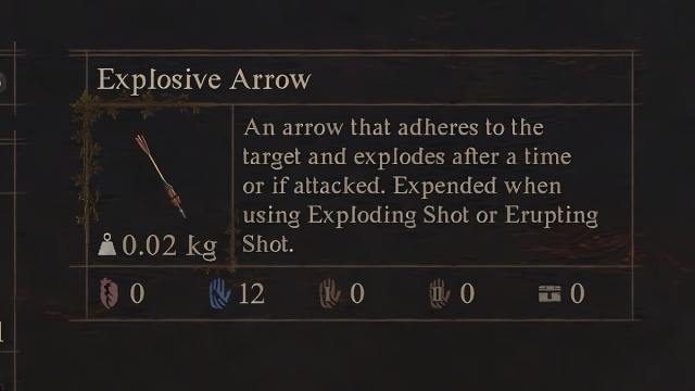 A screenshot of the Explosive Arrow description in Dragon's Dogma 2.