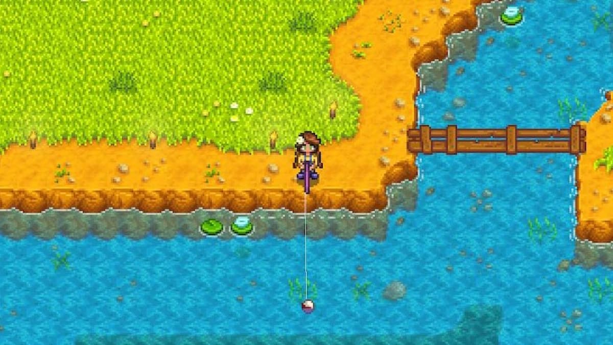 Fishing in a river for a Catfish in Stardew Valley.