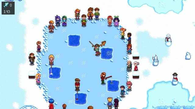 The player fishing in Winter in Stardew Valley.