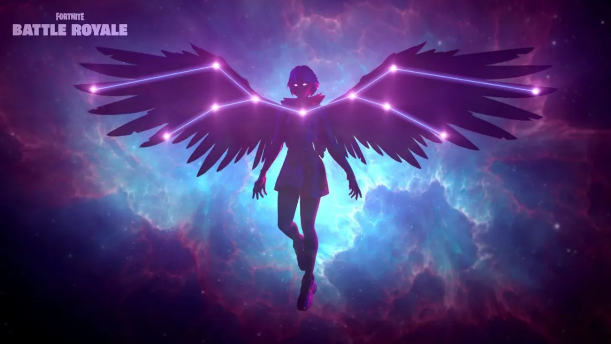 A screenshot of an angel character flying on a purple sky with a constellation on her wings.