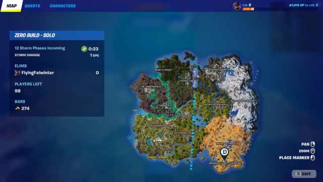 Fortnite map with a marker over Brawler's Battleground location