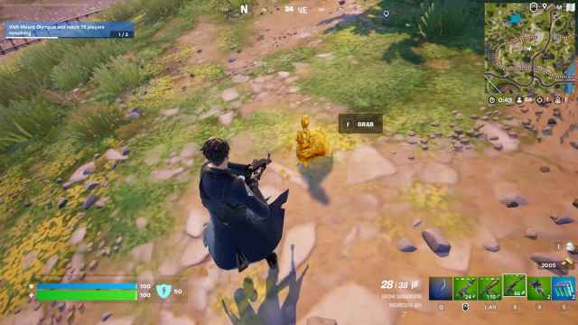 Fortnite character looking at the Golden Chicken standing next to it.