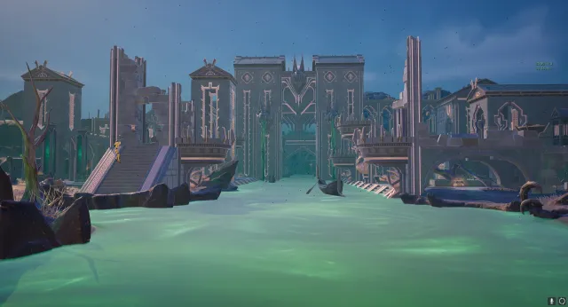Fortnite's Grim Gate, a large grey wall with green water.