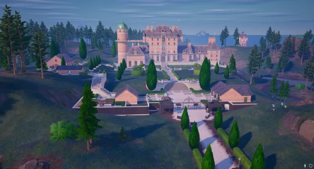 Fortnite's Lavish Lair, a huge mansion with a driveway surrounded by trees.