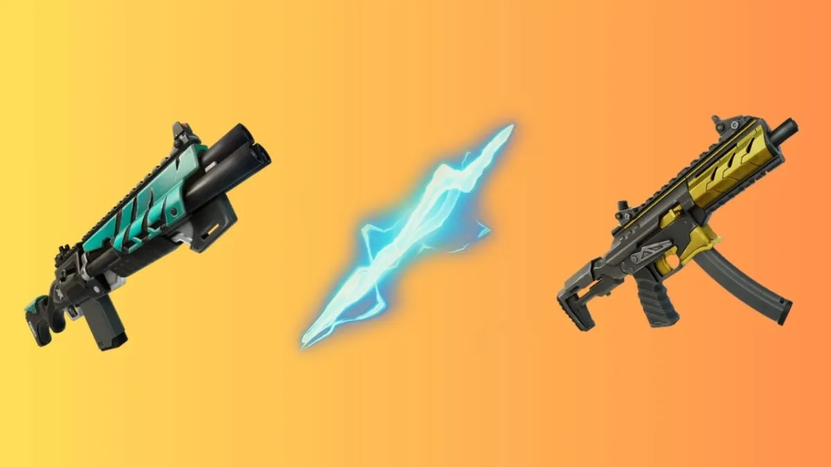 Three Mythic weapons in Fortnite Chapter 5 season 2 on a yellow and orange gradient background.