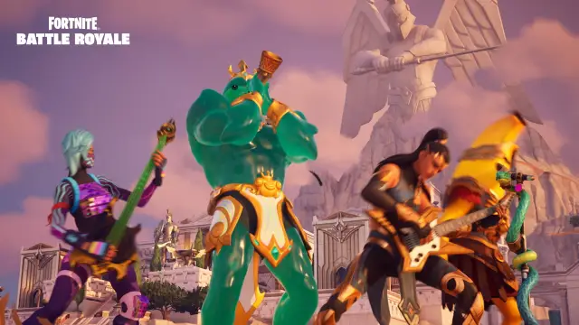 Fortnite characters using instruments in front of a giant statue.
