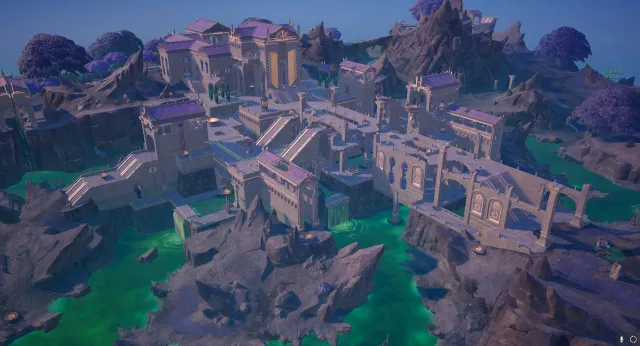 Fortnite's Underworld, a series of grey buildings surrounded by dark mud and green water.