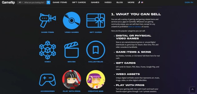 What you can sell explainer section on Gameflip's official site