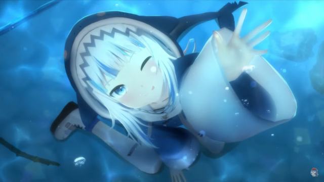 Gawr Gura under water with her hand reaching the surface.