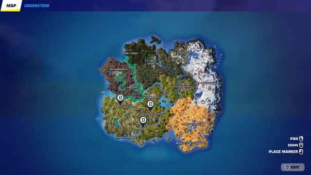 Fortnite map with markers over Pleasant Piazza, Fencing Fields, and area south of Fencing Fields