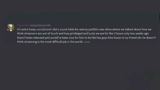 Hasan's post about Ludwig in his Discord server.