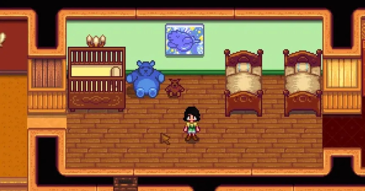A player standing in a room with two beds and a nursery in Stardew Valley