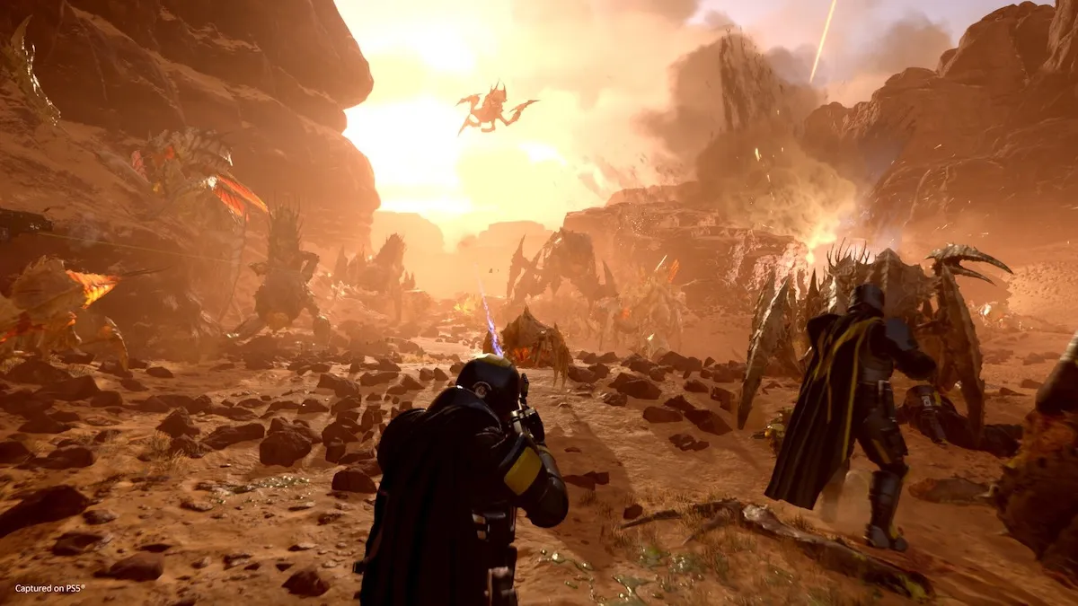 A battle against a horde in Helldivers 2.