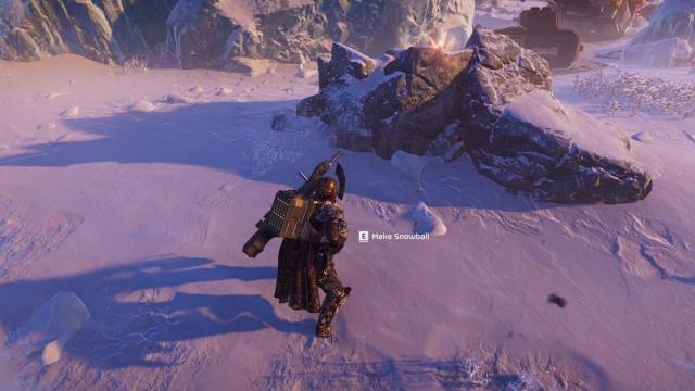 The "Make Snowball" prompt in the snow in Helldivers 2.