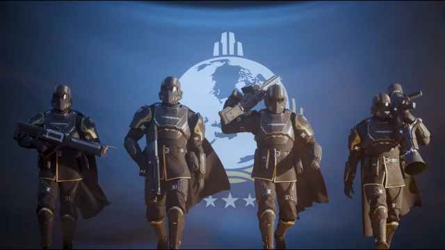 Four helldivers walking with a super earth flag in the background