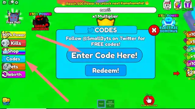 How to redeem codes in Kamehameha Simulator