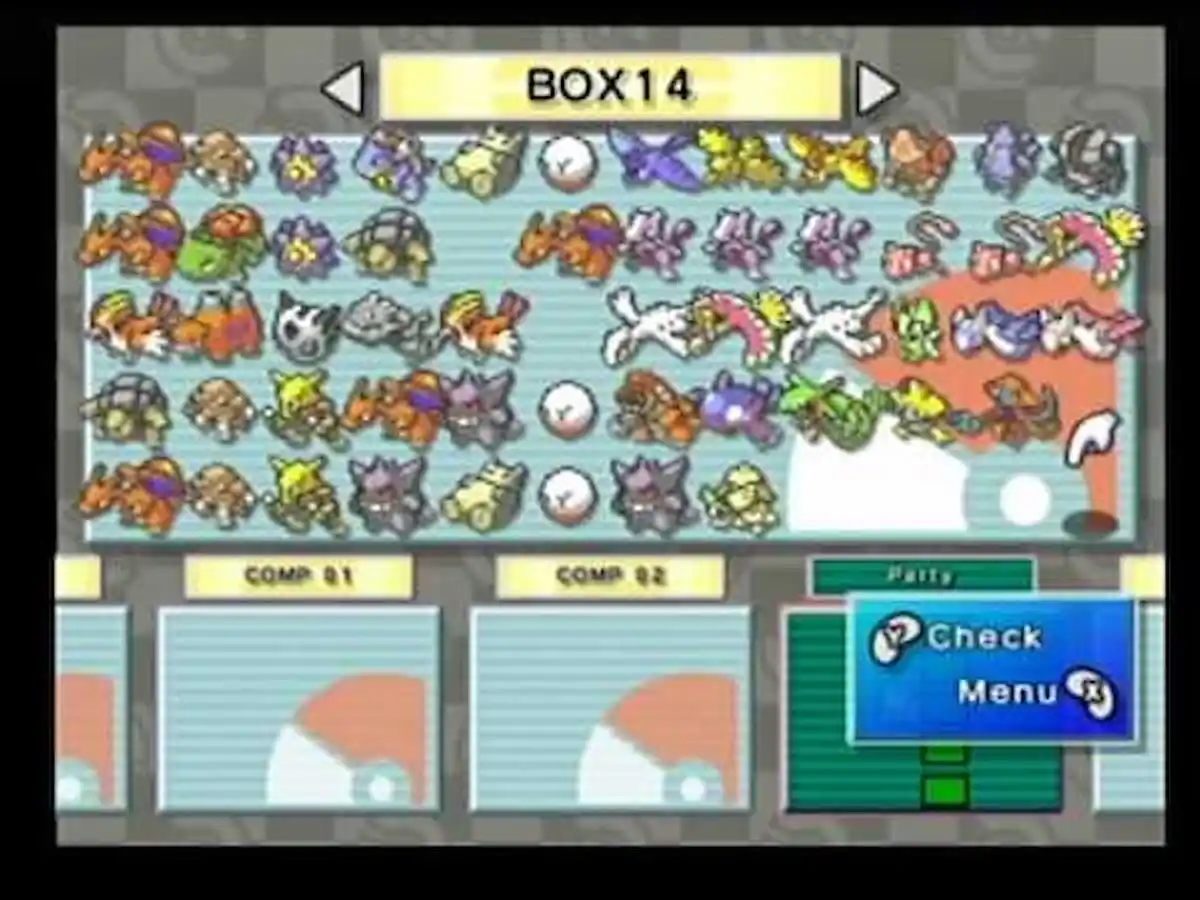 An in game image of various stored Pokémon from Pokémon Box