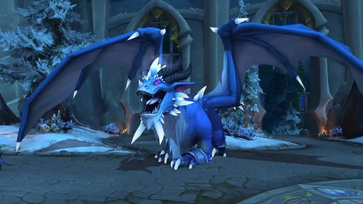 Kalecgos roaring in front of the Azure Archives in WoW Dragonflight