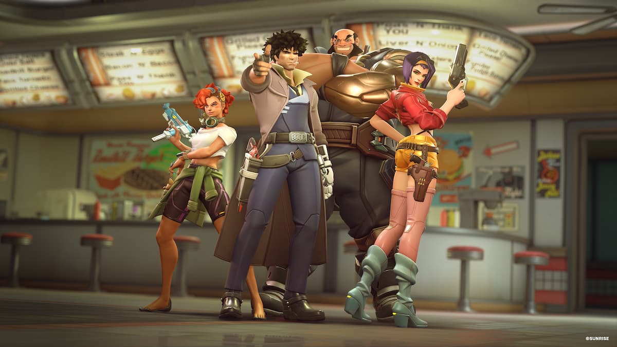 OW2 Cowboy Bebop skins for Sombra, Cassidy, Mauga, and Ashe