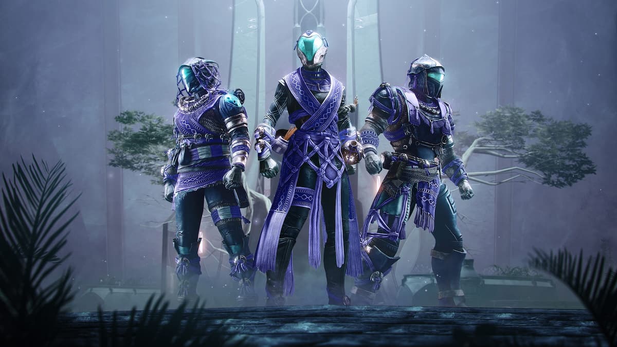 Three guardians stand posing for battle in Season of the Wish armor in Destiny 2.