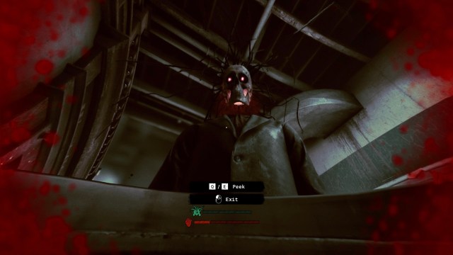 A skull-faced person looks down on a hiding player