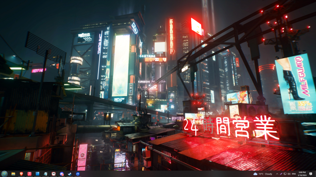 Naktinio miesto vaizdas iš „Cyberpunk 2077“.