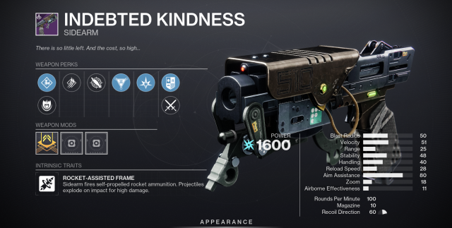The Indebted Kindness rocket sidearm with stats in Destiny 2.