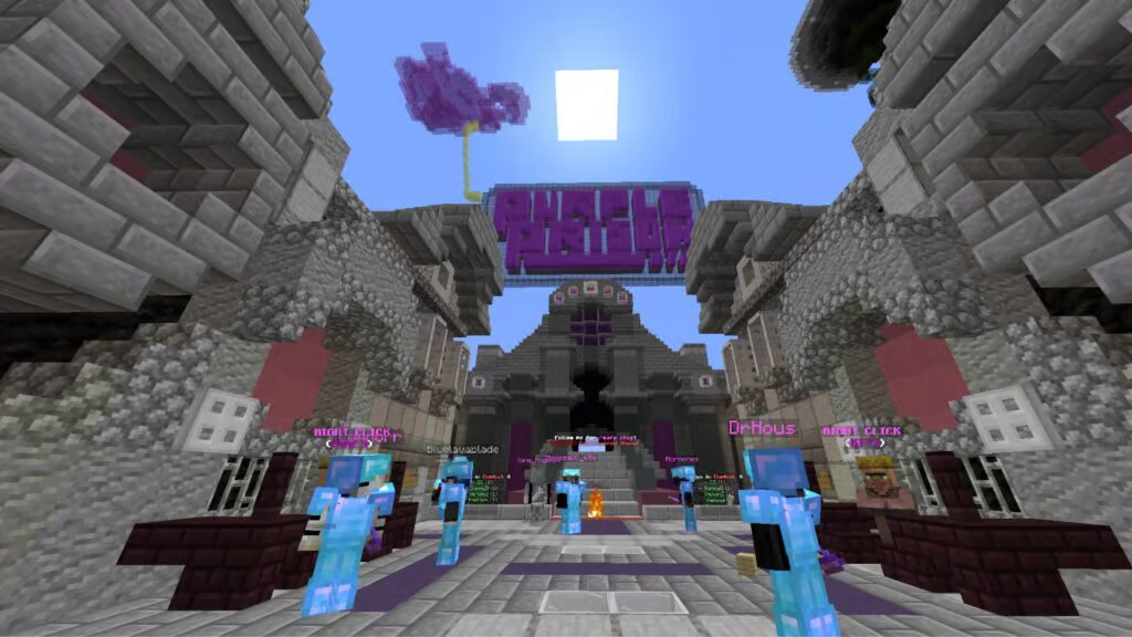 Players gather under the titular sign of the Purple Prison server.
