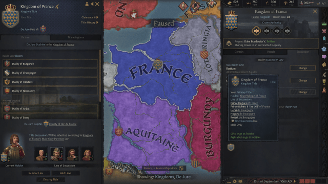 The Kingdom of France succession laws in Crusader Kings 3.