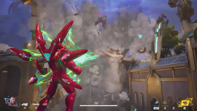 Ironman destroying a statue with a laser in Marvel Rivals.