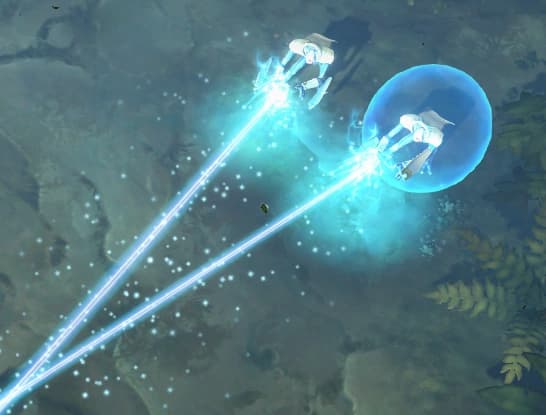 Two Illuminate Hunters are firing blue lasers