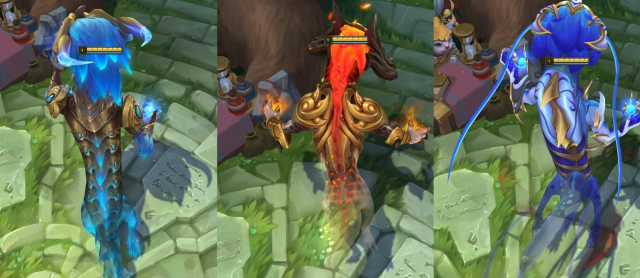 Three different versions of Aurelion Sol, a dragon-like champion from League of Legends.