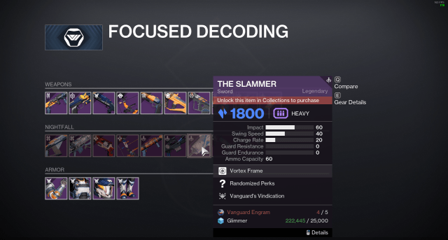 A screenshot of the Vanguard Engram Decoding screen with The Slammer selected in Destiny 2.