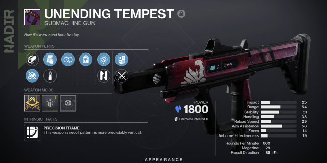 A screenshot of an Unending Tempest SMG in Destiny 2 with weapon stats shown.