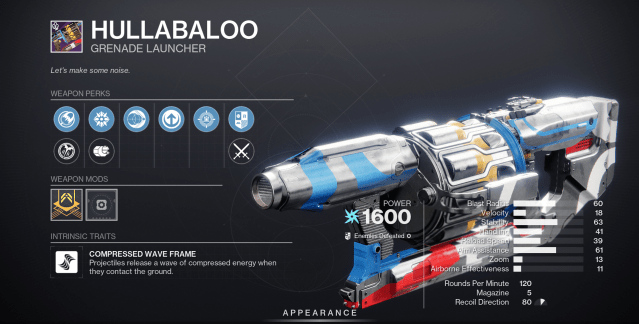 Hullabaloo, a grenade launcher with its stats shown in Destiny 2.