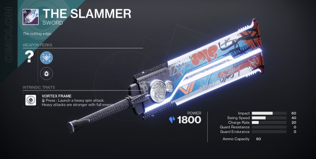 The Slammer, a Vortex Frame sword, in Destiny 2.