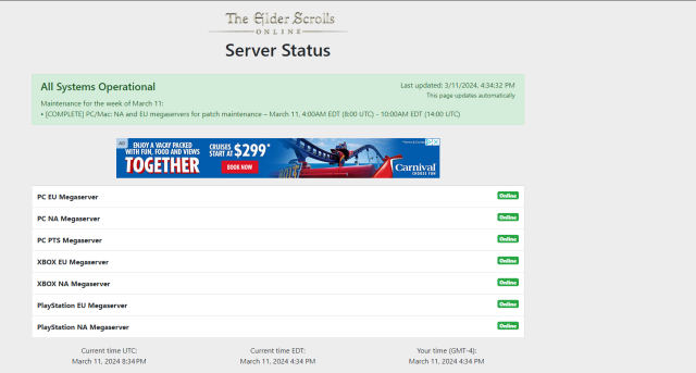 The server status page for ESO