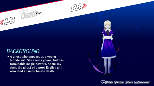 Alice, as seen in the Inspect screen in Persona 3 Reload.