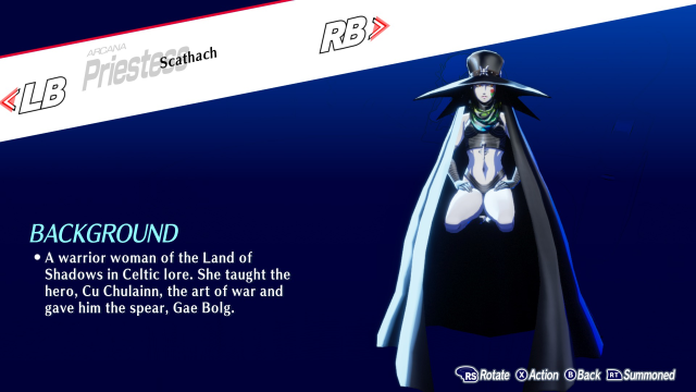 Scathach in the Inspect screen with her lore text in Persona 3 Reload.