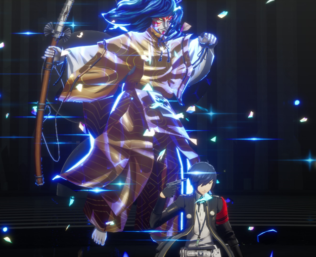 The Protagonist uses his Evoker to summon Masakado in Persona 3 Reload