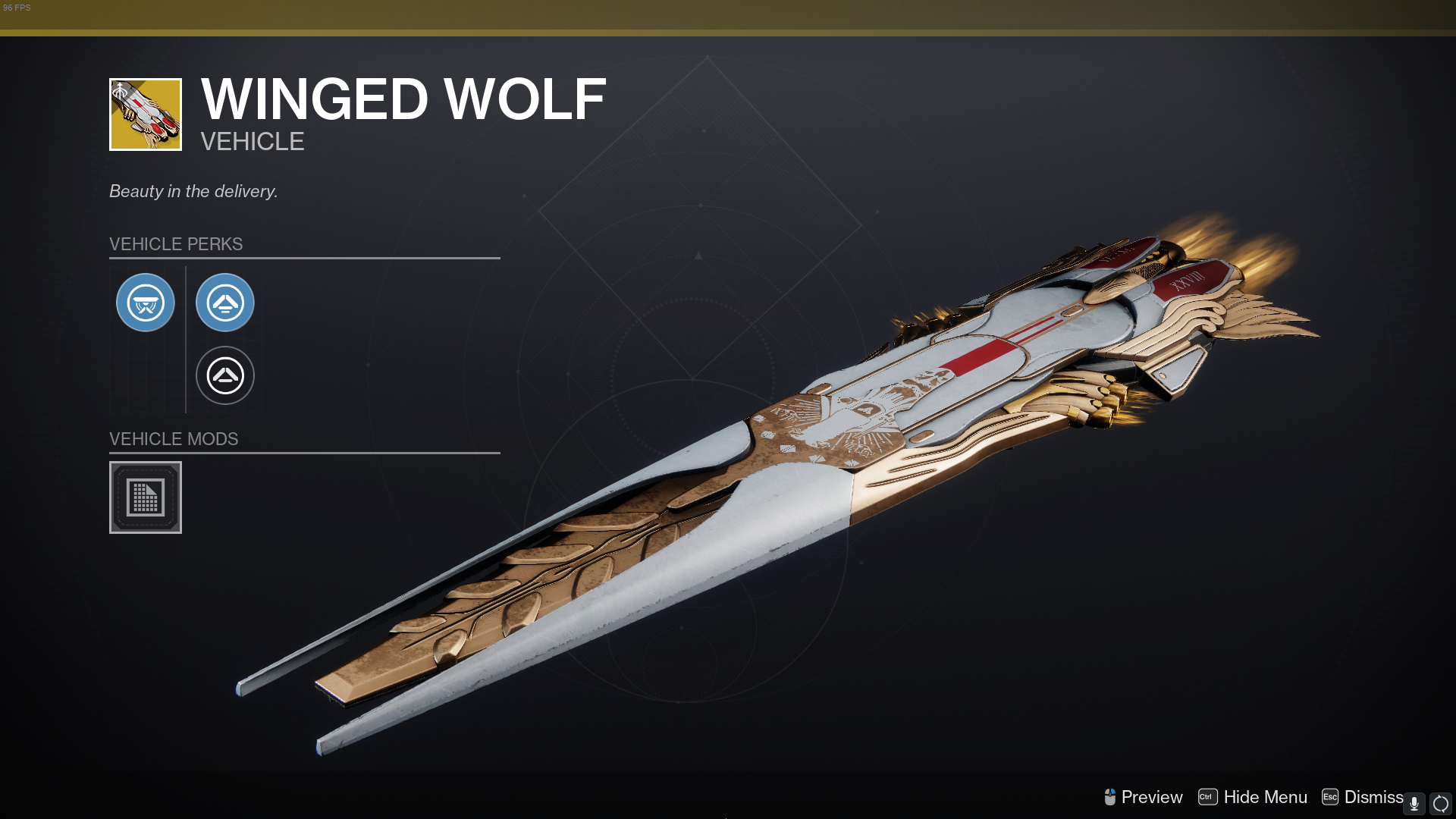 The Winged Wolf skimmer, a hoverboard inspired by the Gjallarhorn rocket launcher.
