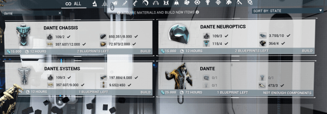 A player shows his foundry with all three Dante parts being crafted, plus the Warframe's Blueprint ready for construction.