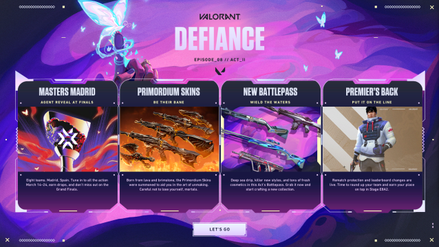 A screenshot from the VALORANT homepage showing the Defiance act screen.